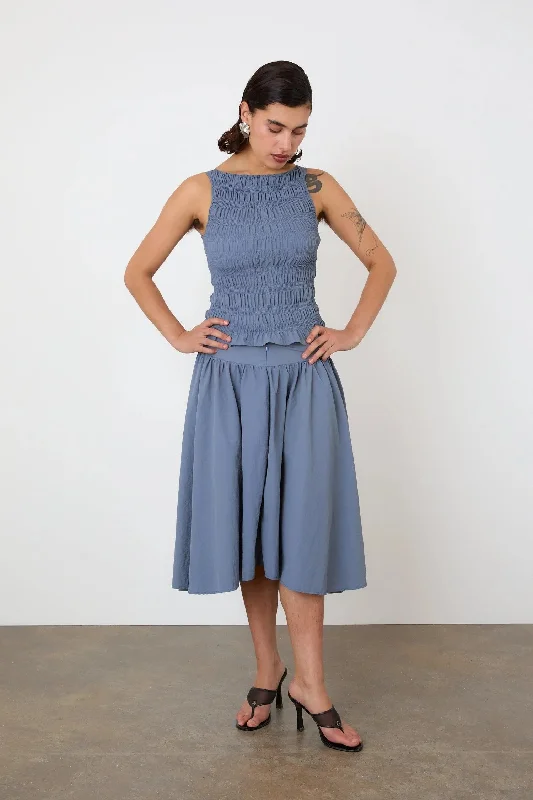 The Deba Midi Skirt, Denim Blue a-line skirt cut