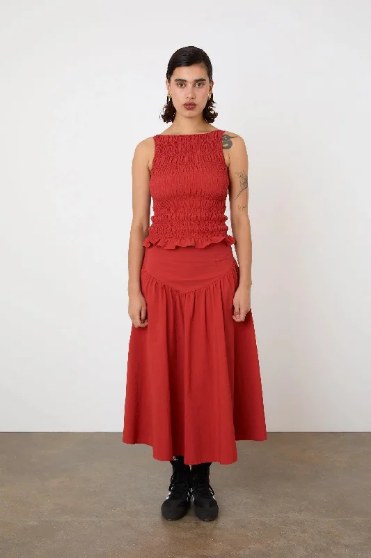 The Deba Midi Skirt, Tomato velvet skirt glossy