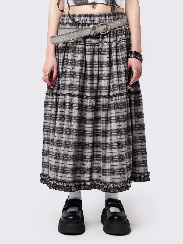 Tiana Checkered Ruffled Maxi Skirt pencil skirt chic