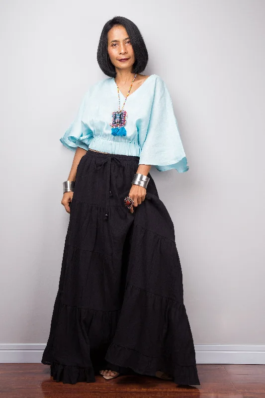 Tiered black cotton maxi skirt corduroy skirt comfortable