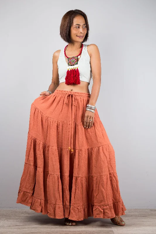 Tiered orange peasant maxi skirt linen skirt relaxed