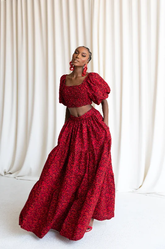TOLA Tiered African Print Maxi Skirt velvet skirt glossy