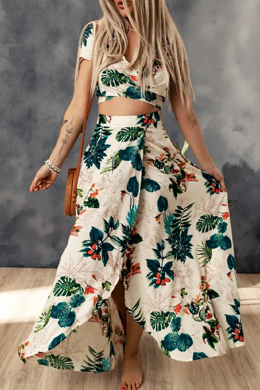 Tropical Print Crop Top and Maxi Skirt Set velvet skirt luxurious