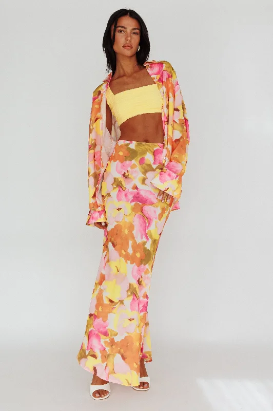 Vacation Midi Skirt Floral Pink/Yellow flowy skirt hem