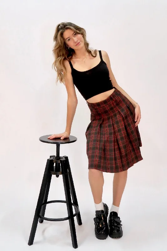 Vintage midi pleated skirt in red check zip skirt side