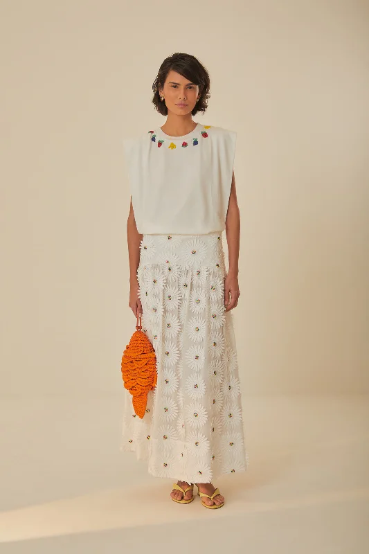 White Daisy 3D Flower Maxi Skirt breathable skirt fabric