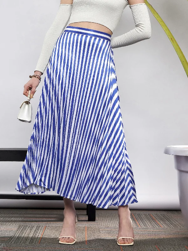 Women Blue & White Satin Striped Accordion Pleated Maxi Skirt chiffon skirt airy