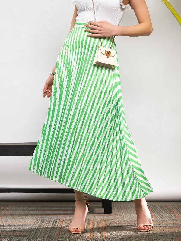 Women Green & White Satin Striped Accordion Pleated Maxi Skirt linen skirt relaxed