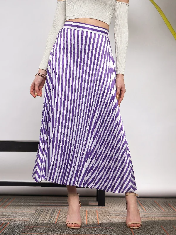 Women Purple & White Satin Striped Accordion Pleated Maxi Skirt silk skirt lustrous