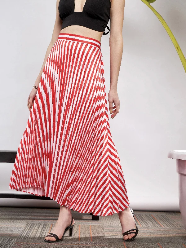 Women Red & White Satin Striped Accordion Pleated Maxi Skirt leather skirt bold