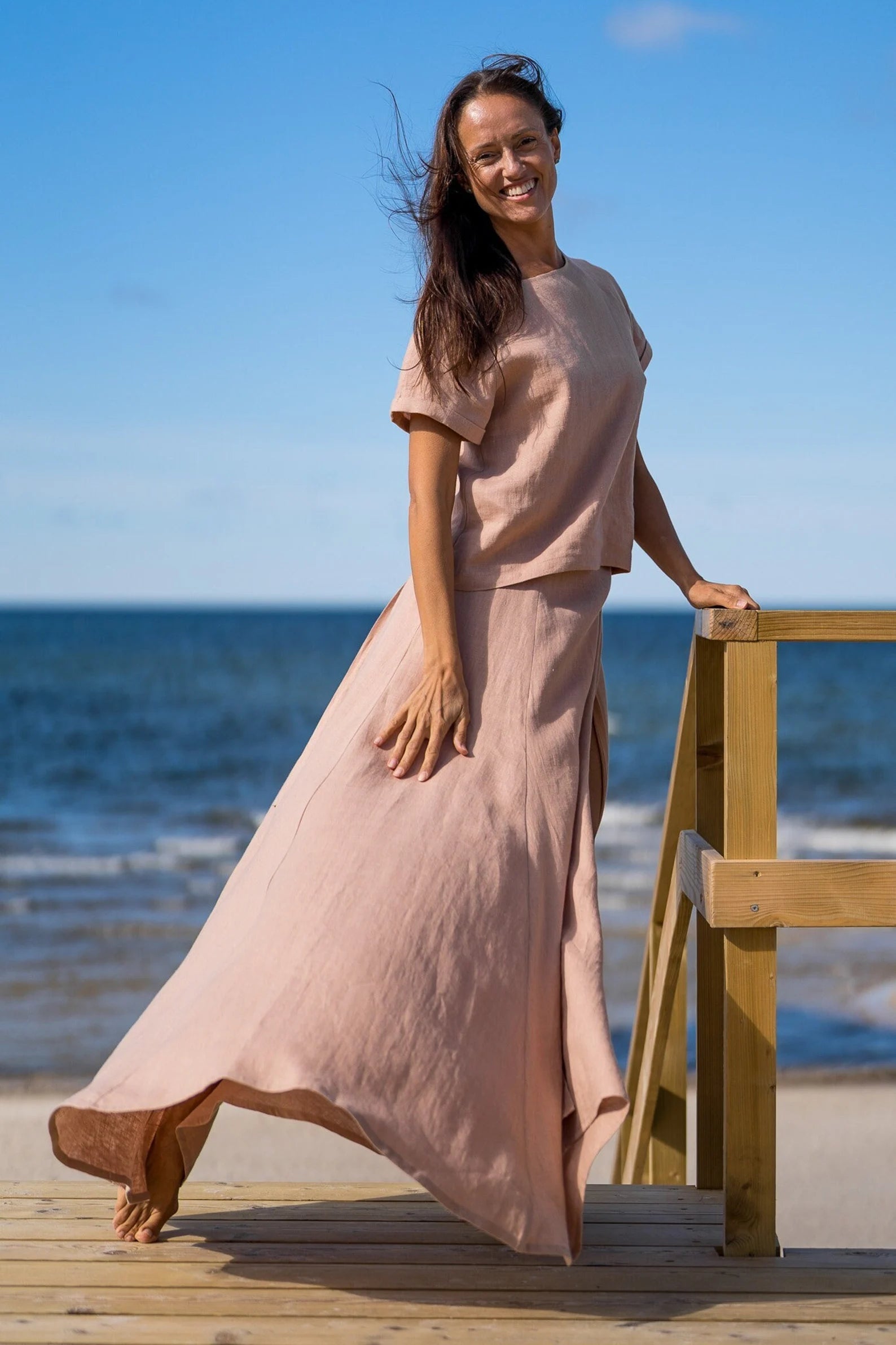 Wrap Linen MAXI Skirt In Powder slim fit skirt
