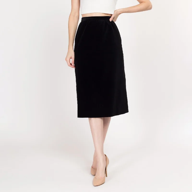 XS 70s Black Velvet Midi Skirt 24.5" corduroy skirt comfortable