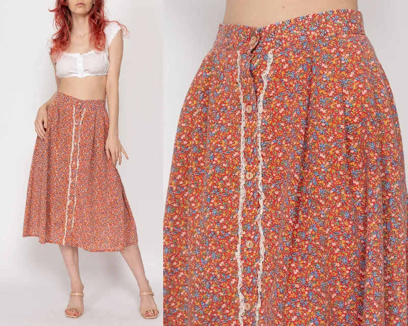 XS 70s Orange Calico Floral Midi Skirt a-line skirt cut