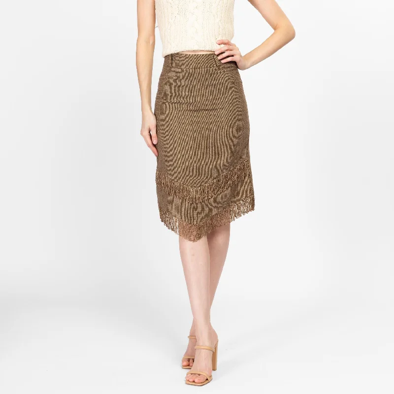 XS 90s Boho Olive Fringe Midi Skirt 25" linen skirt light