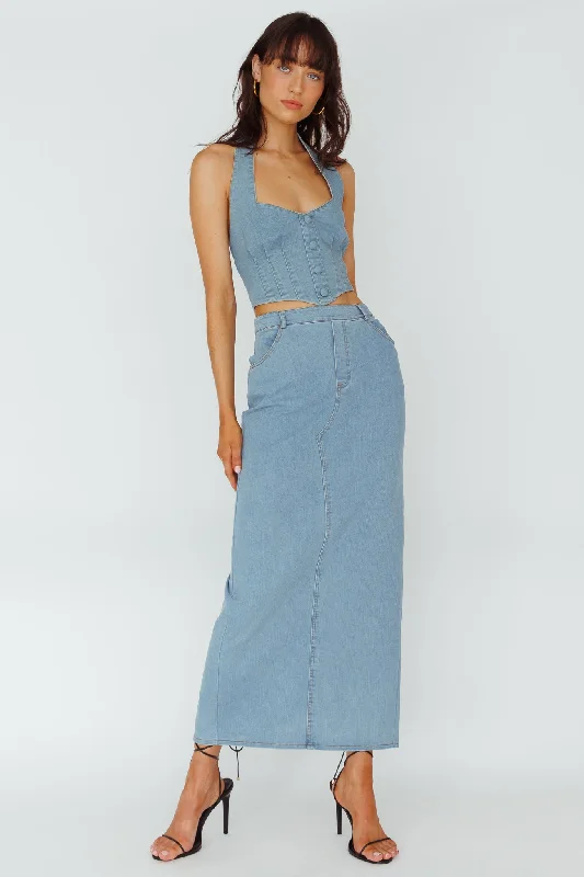 Zurich Pocket Maxi Skirt Denim Blue silk skirt lustrous