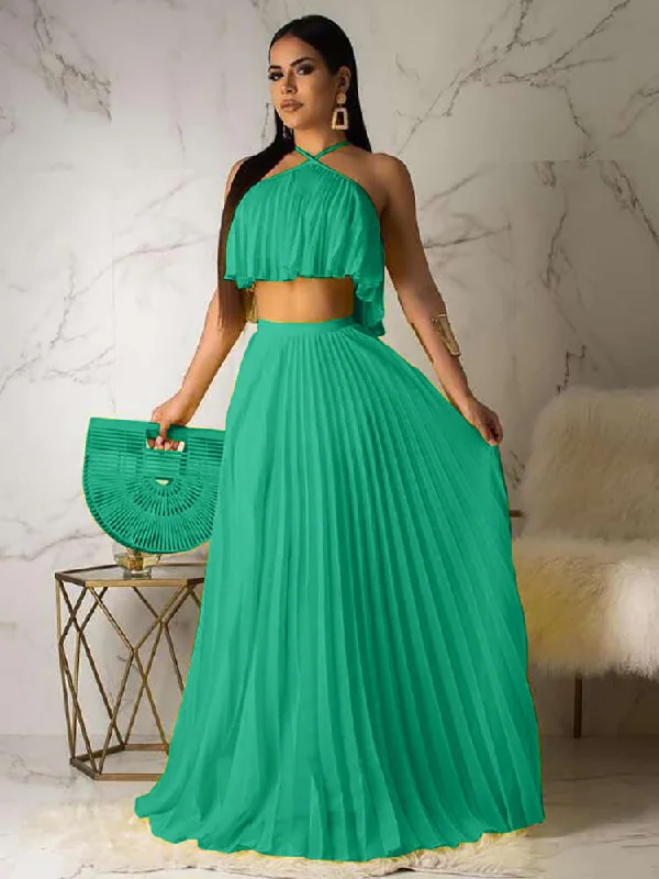 2 Piece Boho Off Shoulder Crop Top+Pleated Skirts Sets slim fit skirt