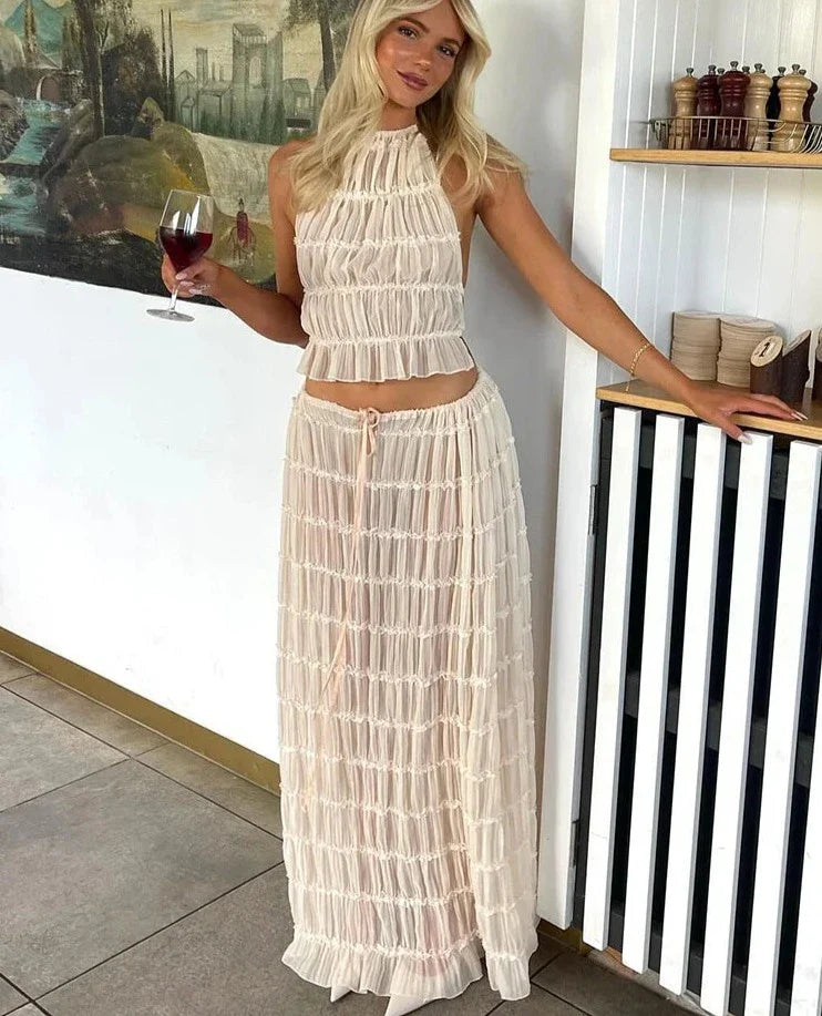 Fashion Solid Hang Neck Long Skirt Suit Women Backless Sling Top Lace Up Fold Maxi Skirts Spring Summer Female 2 Piece Set high waist skirt