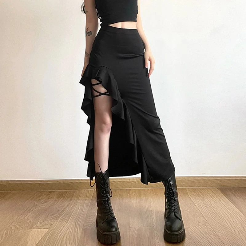 Goth Dark High Split Ruffles Side Y2k Maxi Skirts Elegant Mall Gothic Bandage Sexy Partywear Women Grunge High Waist Long Skirt denim skirt classic