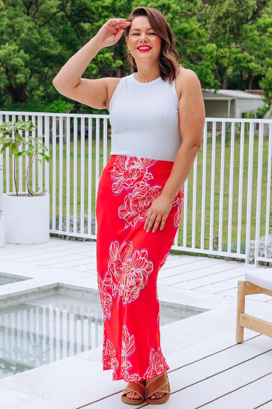 FINAL SALE | Lani Maxi Skirt Magnolia Print Red denim skirt durable