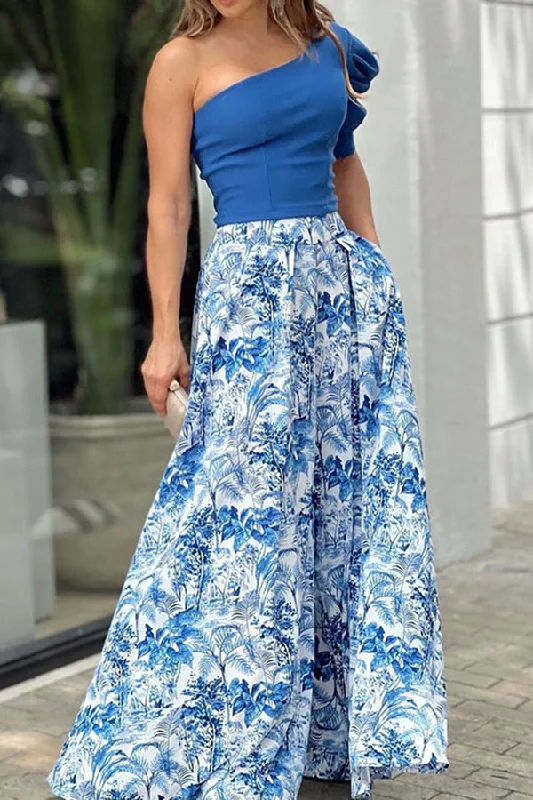 One Shoulder Crop Top Maxi Skirts Set leather skirt modern