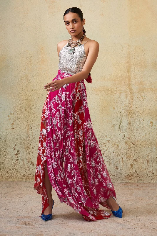 Pink & red Patchwork Wrap Skirt silk skirt lustrous