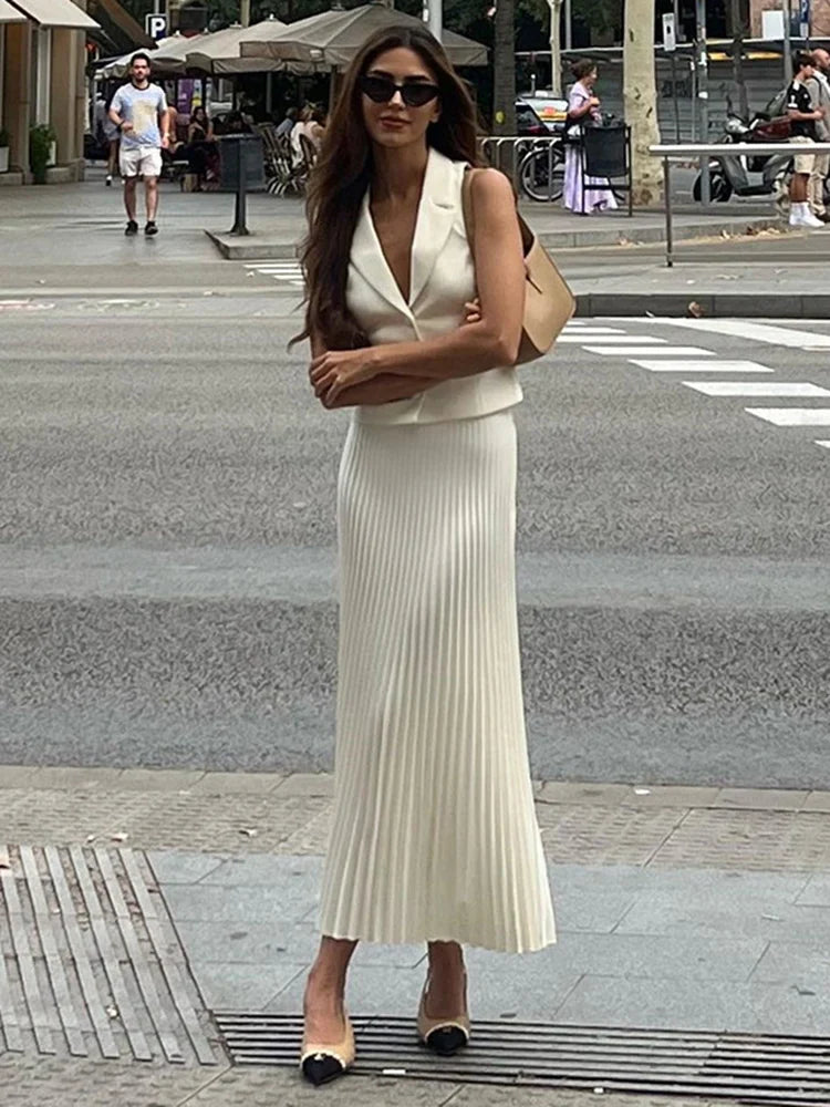 Folds Long Skirt Two Pieces Set Women's Notched Sleeveless Short Vest Top High Waist Solid Maxi Skirt Fashion Sets seamless skirt comfort