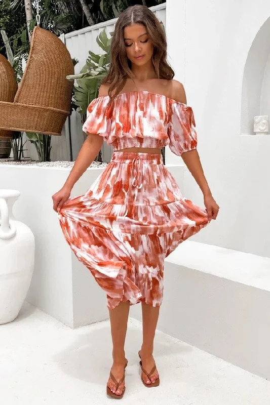 Two Pieces Set Women Pattern Printed Slash Neck Off The Shoulder Short Tops A-line Midi Skirt Lady Boho Beach Maxi Skirts Suits wool skirt thick