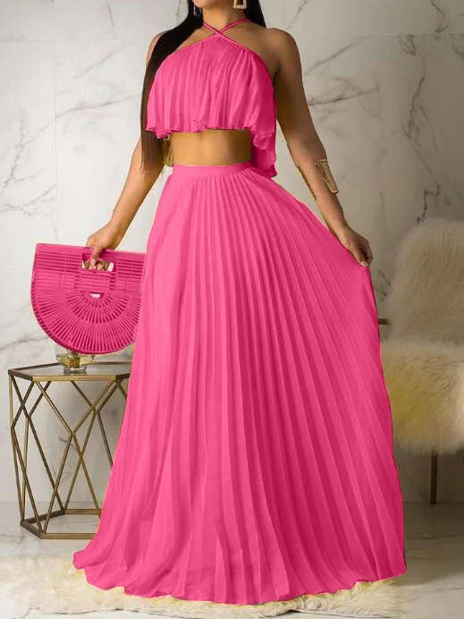 Women's Sets Halter Pleated Top & Skirt Two-Piece Set chiffon skirt lightweight