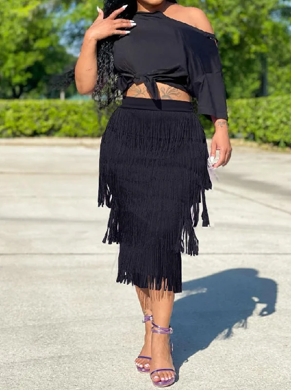 Women's Sets Sloping Shoulder Crop Top & Fringe Skirt Two-Piece Set high waist skirt