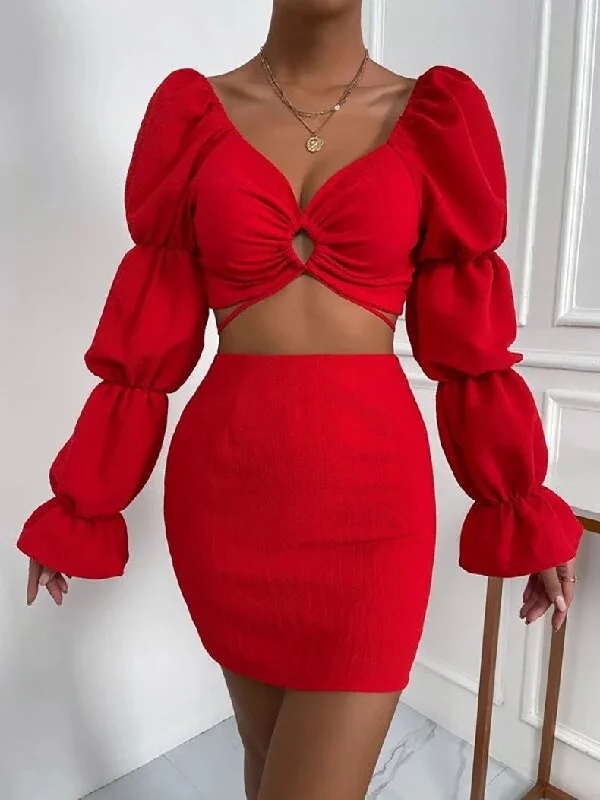 Women's Sets V-Neck Cutout Crop Top & Skirt Two-Piece Set button skirt front