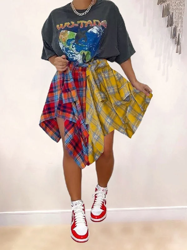 Women's Skirts Plaid Contrast Shirt Irregular Skirt leather skirt sleek