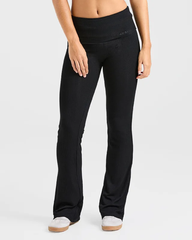 Lounge Ribbed Foldover Flared Leggings - Black Fashionable Printed Leggings