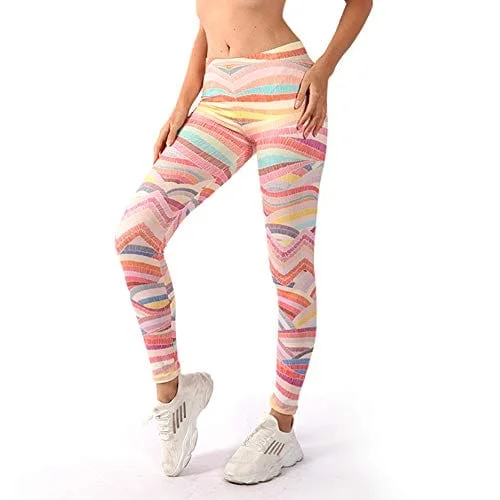 Middle Waisted Seamless Workout Leggings - Women’s Mandala Printed Yoga Leggings, Tummy Control Running Pants (Rainbow Waves, One Size) Chic Floral Print Leggings