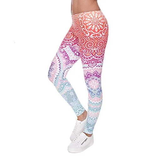 Middle Waisted Seamless Workout Leggings - Women’s Mandala Printed Yoga Leggings Tummy Control Running Pants (Red, One Size) Comfortable Stretch Leggings