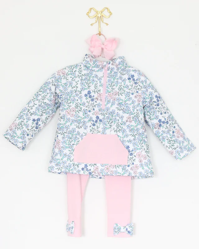 PINK & BLUE FLORAL QUILTED LEGGING SET Trendy Side-Pocket Leggings