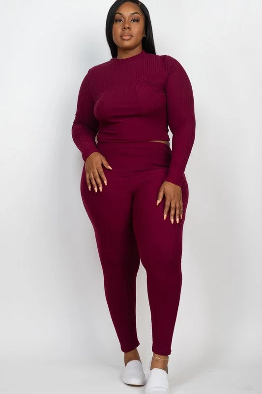 Plus Ribbed Mock Neck Long Sleeve Top&Leggings Set Cozy Cotton Leggings