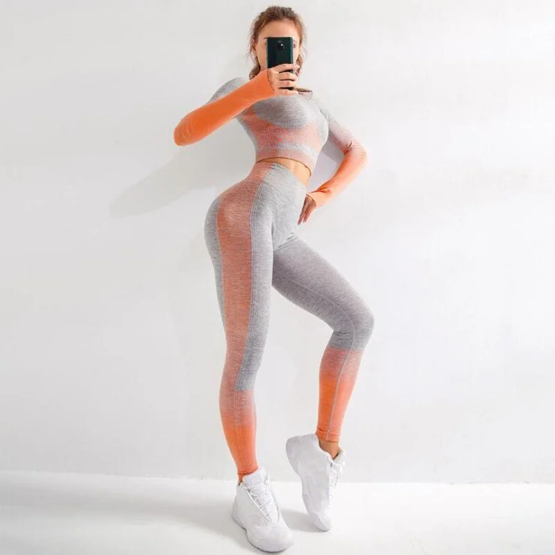Seamless Women Yoga Set Long Sleeve Top High Waist Belly Control Sport Leggings Gym Clothes Seamless Fitness Stripe Suit Femme Fashionable Smooth Fit Leggings Seamless Women Yoga Set Long Sleeve Top High Waist Belly Control Sport Leggings Gym Clothes Seamless Fitness Stripe Suit Femme Fashionable Smooth Fit Leggings