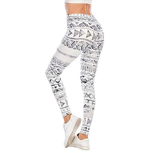 White Aztec Seamless Workout Leggings - Women’s Grey Yoga Leggings, Tummy Control Running Pants (Grey Ice, One Size) Stylish Pockets Active Leggings