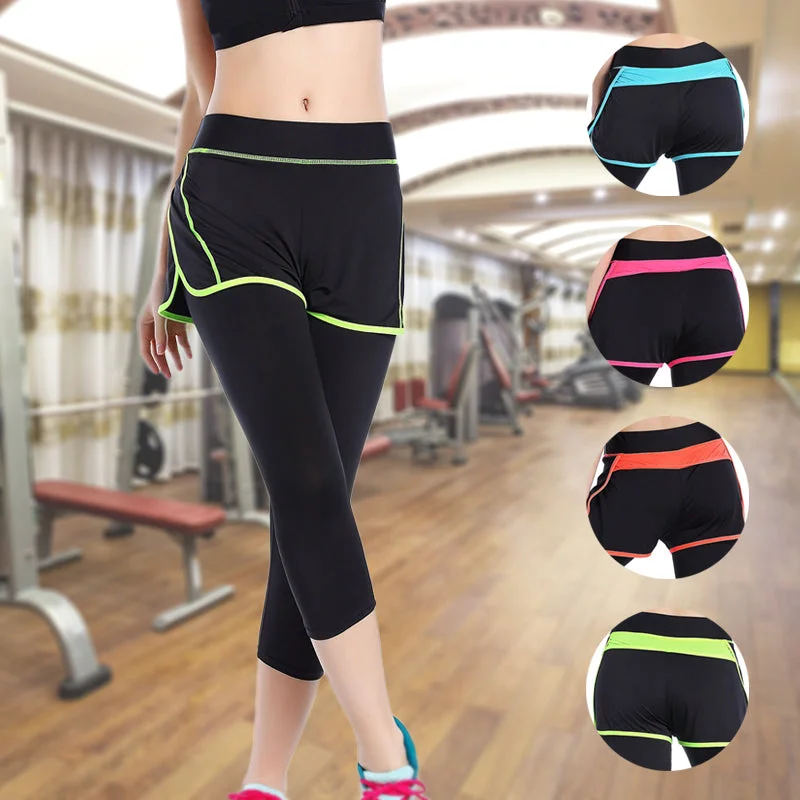 Women Pants Sports Running Sportswear Yoga Fitness Run Leggings False Two Pieces Exercise Gym Compression Pants Clothes Trendy Leather-Look Workout Leggings Women Pants Sports Running Sportswear Yoga Fitness Run Leggings False Two Pieces Exercise Gym Compression Pants Clothes Trendy Leather-Look Workout Leggings