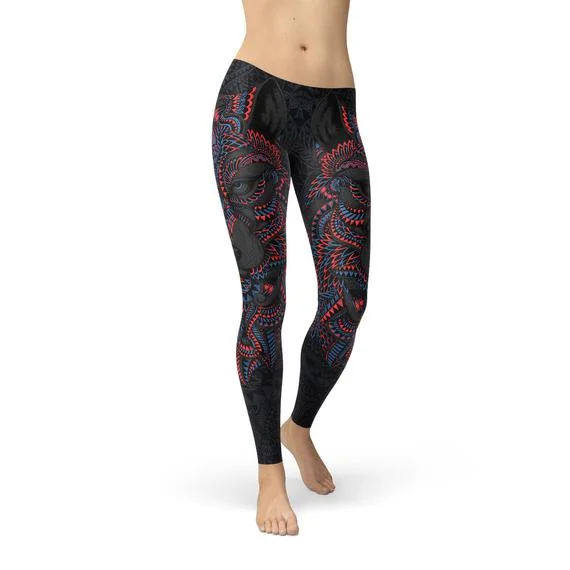 Womens Oriental Black Wolf Leggings Fashionable Printed Leggings