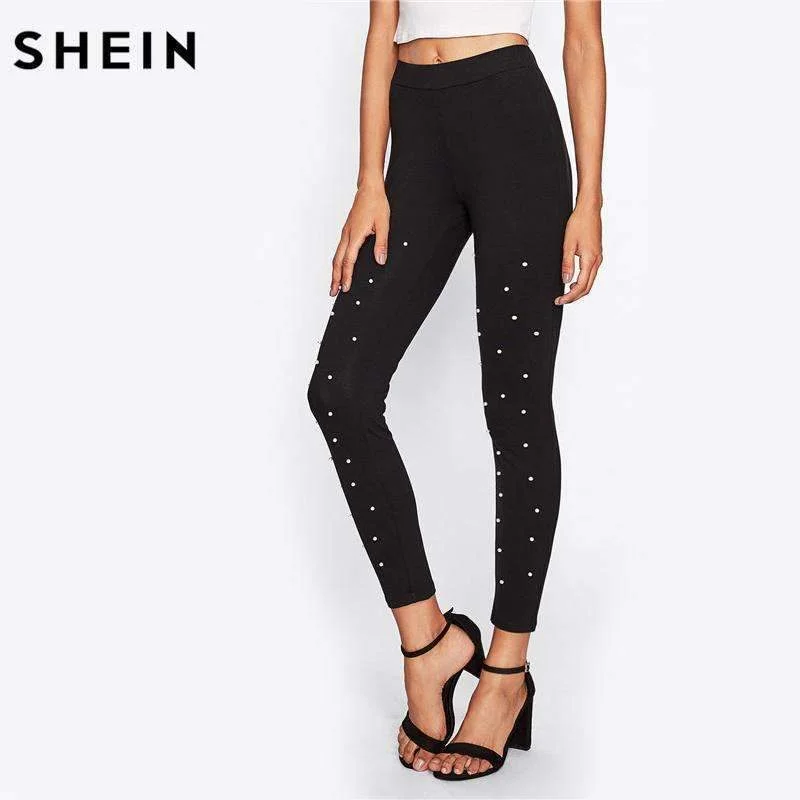 Women's Pearl Beaded Black High Waisted Leggings Trendy High-Compression Leggings