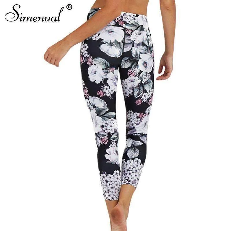 Women's Sporty Floral Print Slim Fitness Leggings Fashionable Lacy Detail Leggings