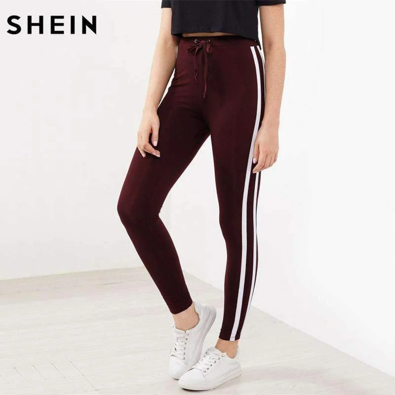 Women's Striped Sideseam with Drawstring Burgundy Leggings Trendy Activewear Leggings Women's Striped Sideseam with Drawstring Burgundy Leggings Trendy Activewear Leggings