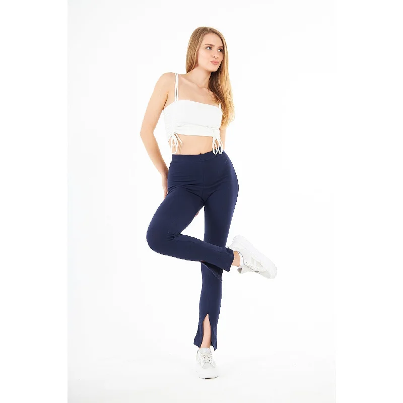 Navy Blue Split Hem Leggings Casual Slim-Fit Leggings