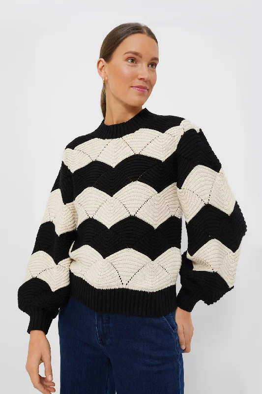 Black and Ivory Kori Sweater Solid Color Striped Floral Print