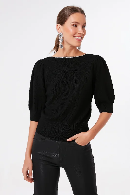 Black Rhinestone Edged Boatneck Sweater Graphic Sweater Embroidered Appliqued