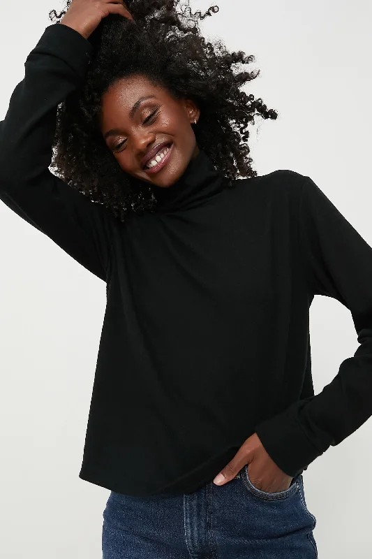 Black Sweater Turtleneck Real Fur Shearling Chenille
