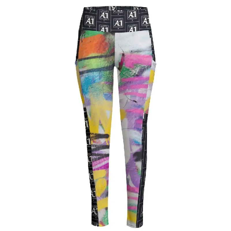 ClassA1 Graffiti Women's High Waist Leggings With Side Pocket Trendy Cold Weather Tights