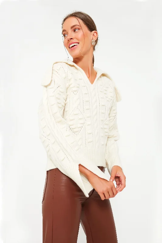 Cream Cele Long Sleeve Sweater with Collar Faux Fur Fabric Real Fur Fabric Shearling Fabric