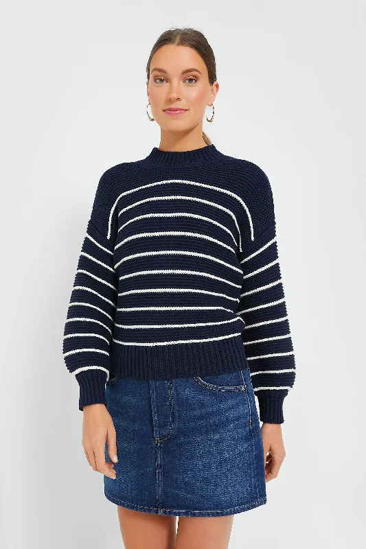 Dark Navy and Ivory Stripe Button Back Crewneck Sweater Chenille Brocade Lace